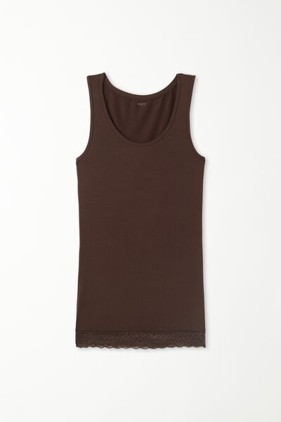Long Wide Shoulder Strap Viscose Camisole with Lace
