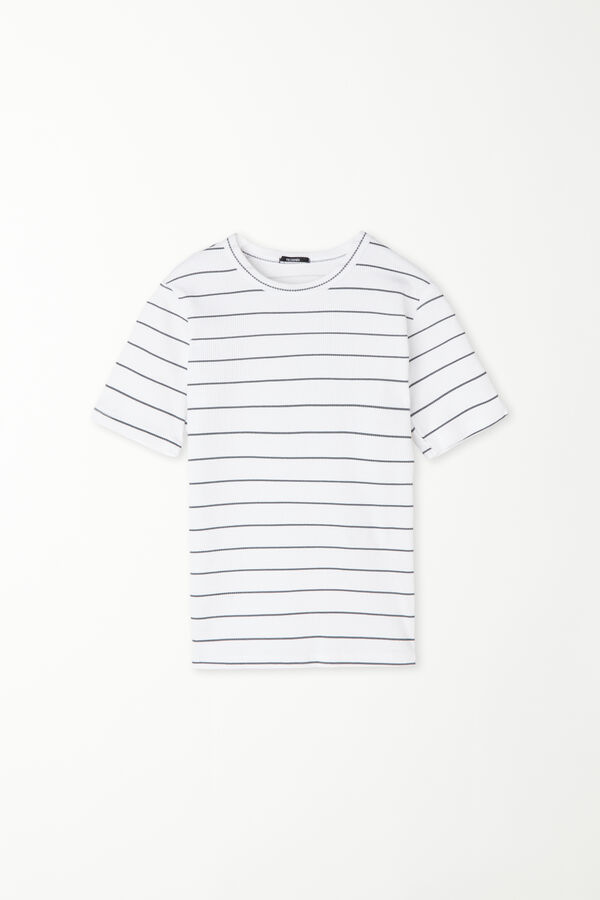 Stripe Print Ribbed Cotton Crewneck T-Shirt  