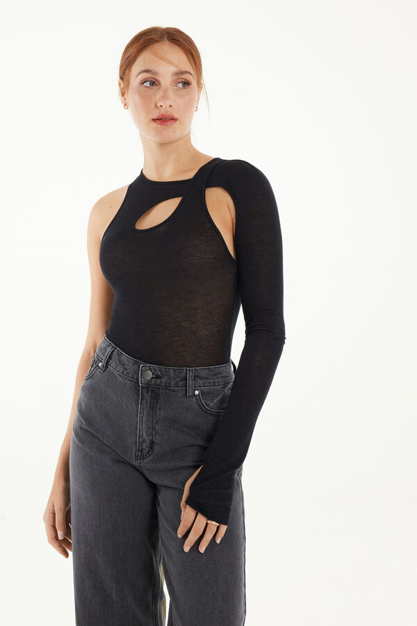 One-Shoulder Wool and Viscose Cut-Out Bodysuit  