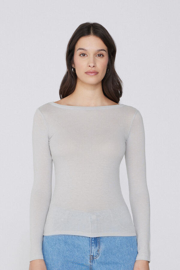 Long Sleeve Ribbed Top with Boat Neck  