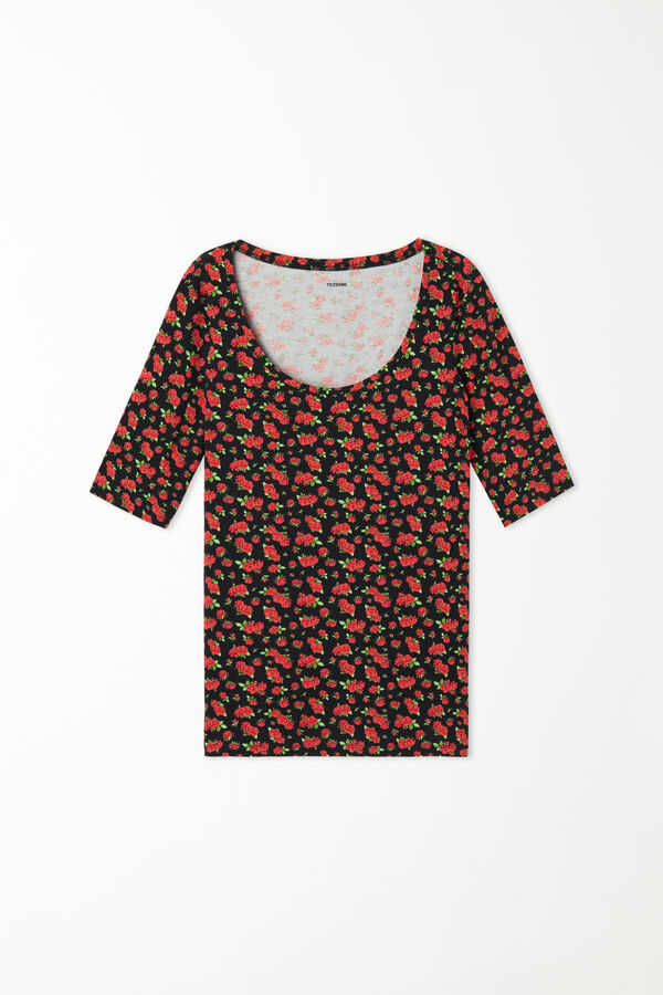Wide Neck Short Sleeve Printed Cotton Top  