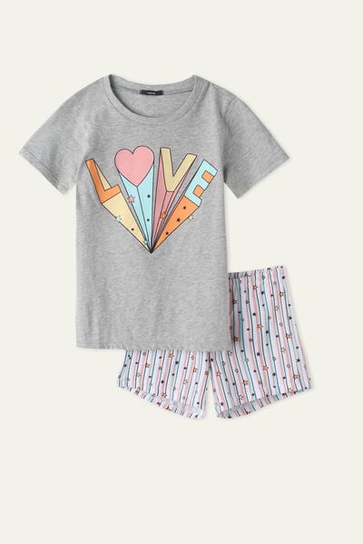 Girls’ Short Cotton Pyjamas with Love Print