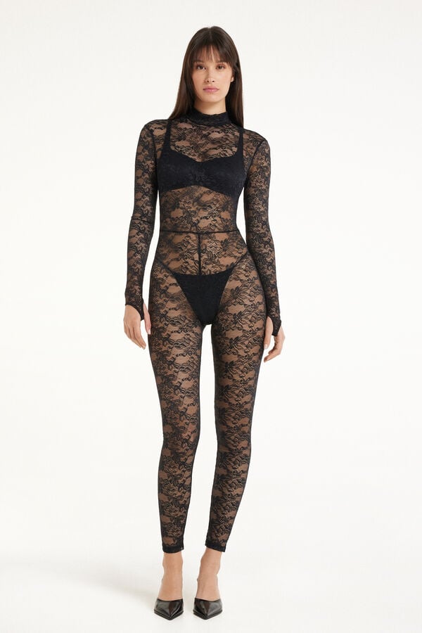 Lovely Dark Lace Long-Sleeved Lace Jumpsuit  