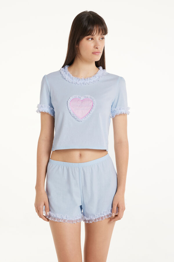 Short-Sleeved Cotton and Lace "Fall in Love" Short Pyjamas  