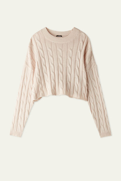 Long Sleeve Short Sweater in Fully-Fashioned Cotton with Braided Detail