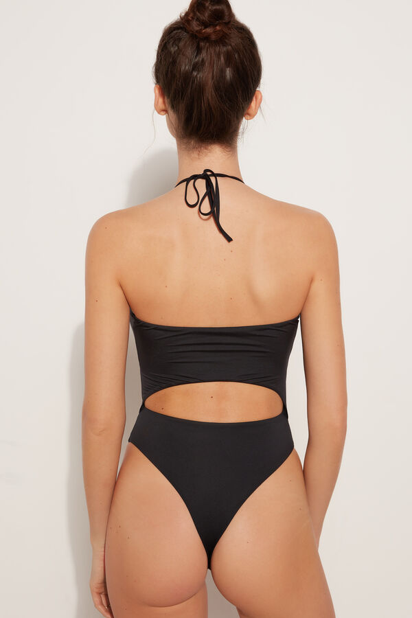Recycled Microfibre High-Cut One-Piece Swimsuit with Cut-Out and Drawstring  