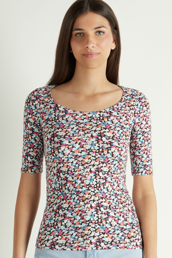 Wide Neck Short Sleeve Printed Cotton Top  