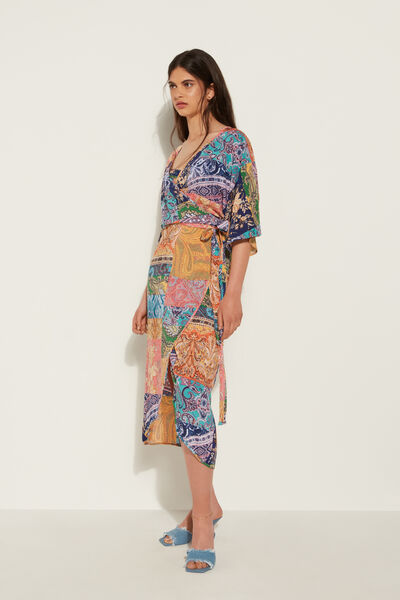 Vestido Midi de Media Manga con Cruce de Tela de Viscosa