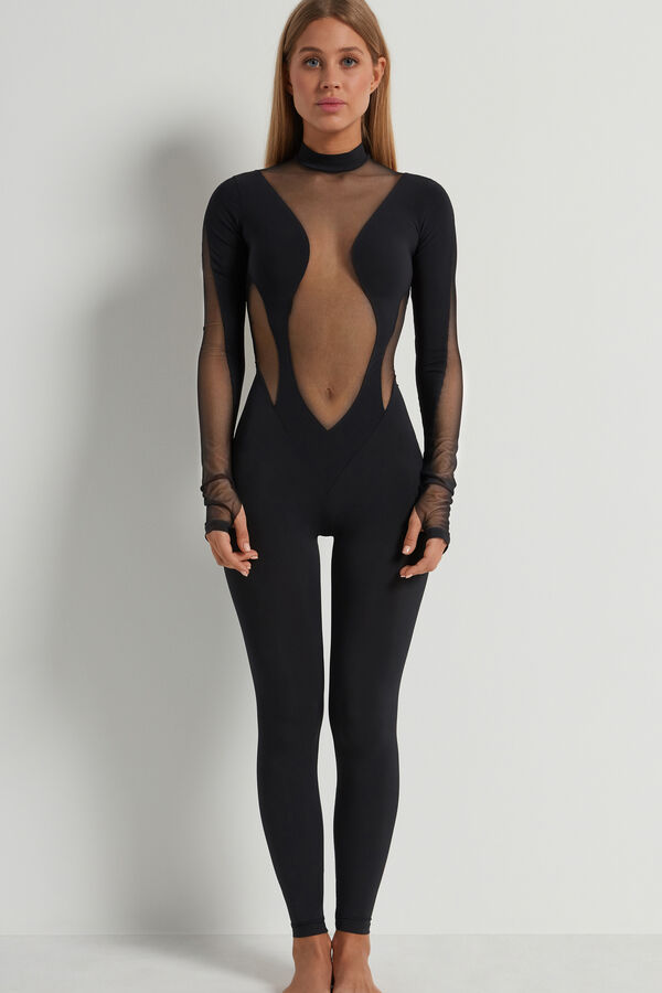 Matte Microfibre and Tulle Zip-Up Jumpsuit  