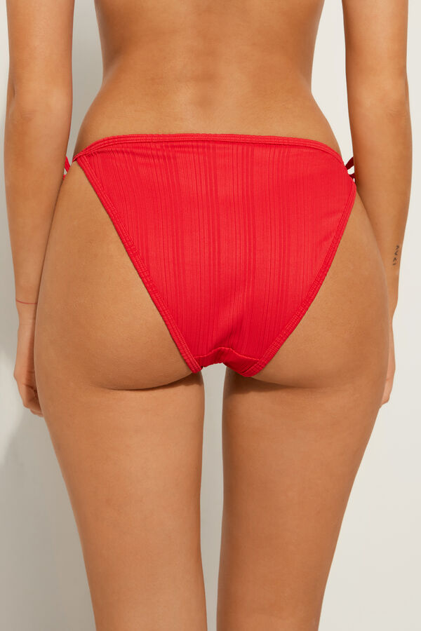 Tanga Panel Bikini Bottoms with Laces in Red Recycled Ribbed Microfibre  