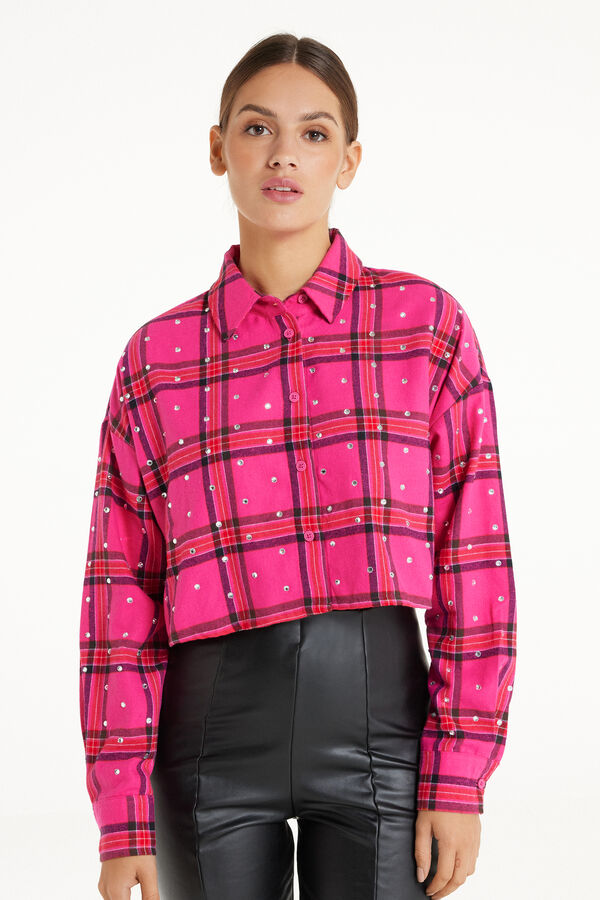 Long-Sleeved Short Flannel Shirt with Rhinestones  