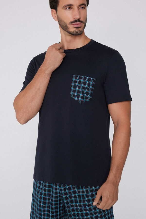 Pamut Rövid Pizsama Zsebbel és Kockás Mintával  