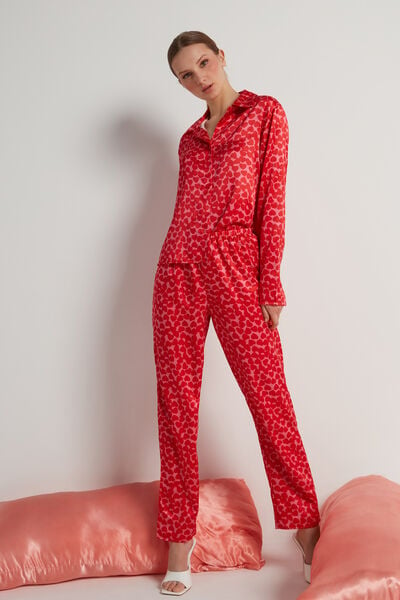 Long Button Front Satin Pyjamas with Hearts