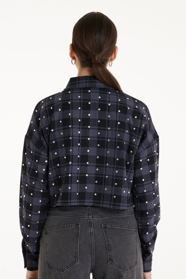 Long Sleeve Cropped Flannel Shirt with Rhinestones  
