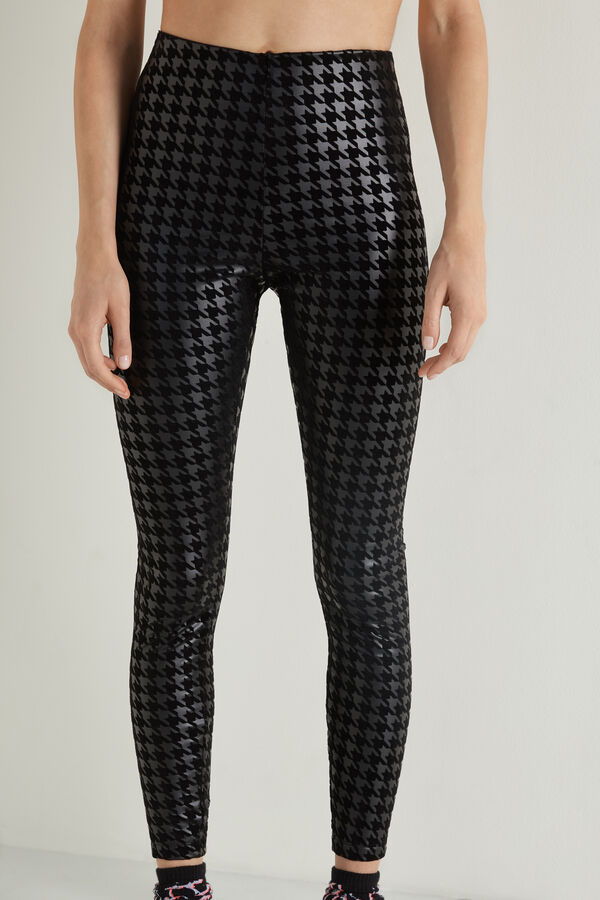 Coated-Effect, Flocked Thermal Leggings with Houndstooth Appliqué  