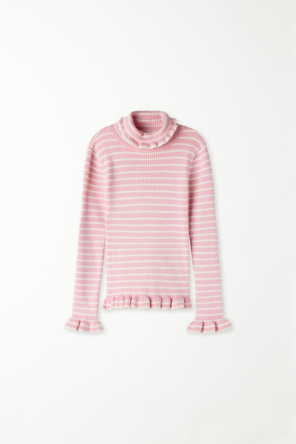 Girls’ Long-Sleeved Ribbed Ruffled Turtleneck Sweater  