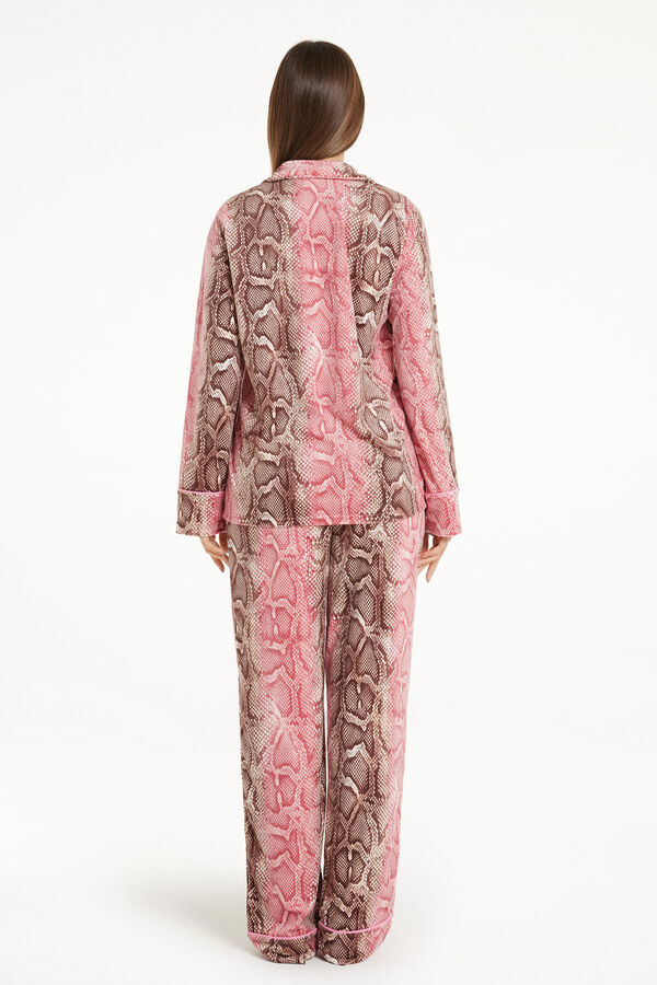 Full Length Button-Down Micro-Fleece Pajamas in Snakeskin Print  