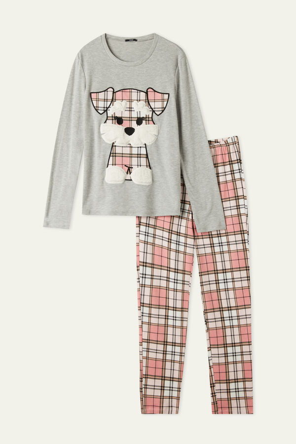 Dlouhé Bavlněné Pyžamo s Nášivkou Pes  