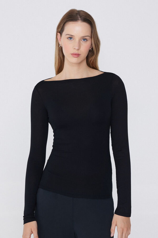 Long-Sleeved Viscose Top with Boat Neck  