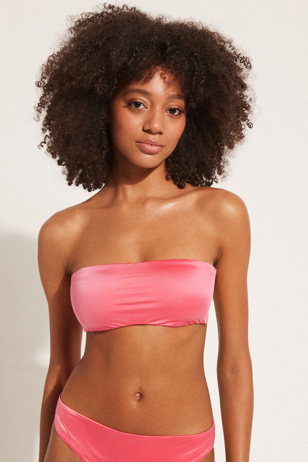 Shiny Summer Pink Removable Padding Bandeau Bikini Top  