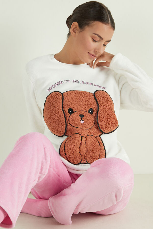 Full-Length Fleece Pajamas with Dog Appliqué  