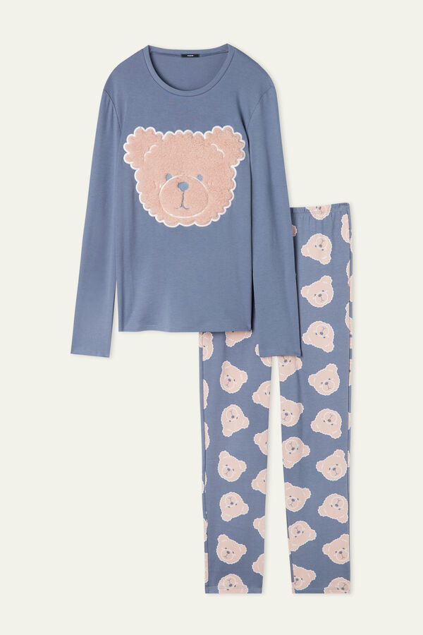 Langer Pyjama aus Baumwolle mit Bären-Aufnäher  