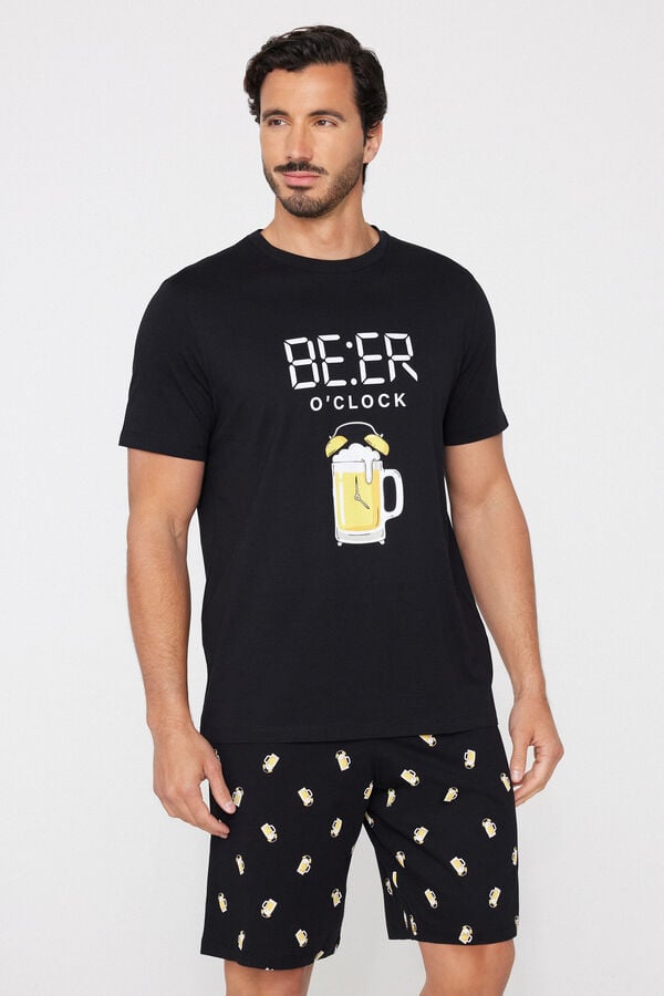 Pyjama Court en Coton avec Imprim&eacute; Bi&egrave;re  