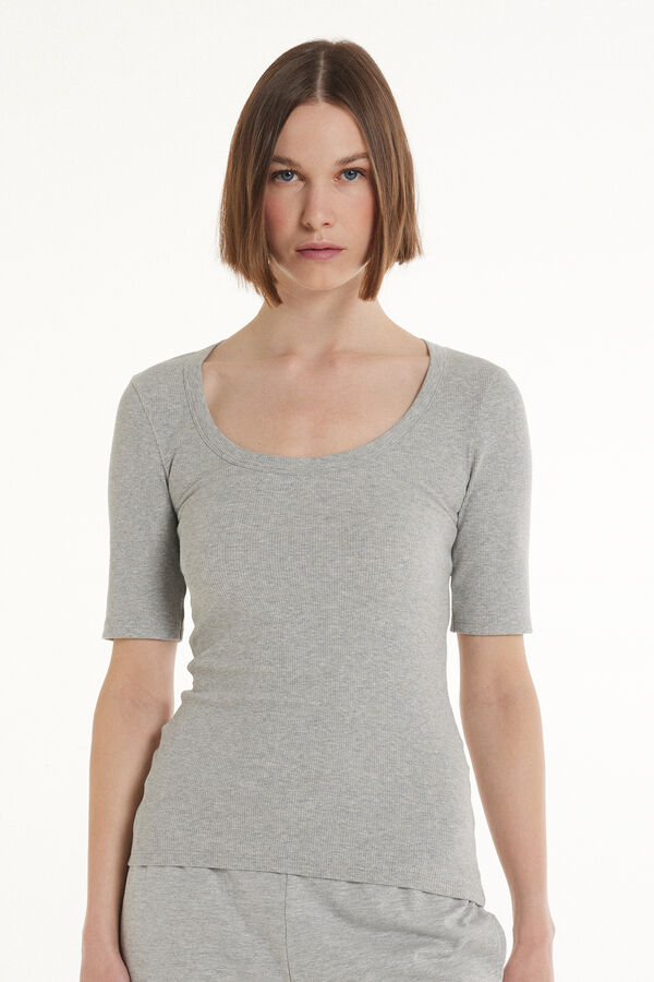 Футболка из Хлопка в Рубчик с Глубоким Круглым Вырезом - Футболки ...