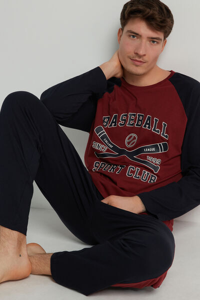 Langer Herrenpyjama aus Baumwolle mit Baseball-Print