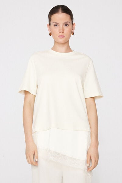 T-Shirt Cotone con Inserto Raso e Pizzo