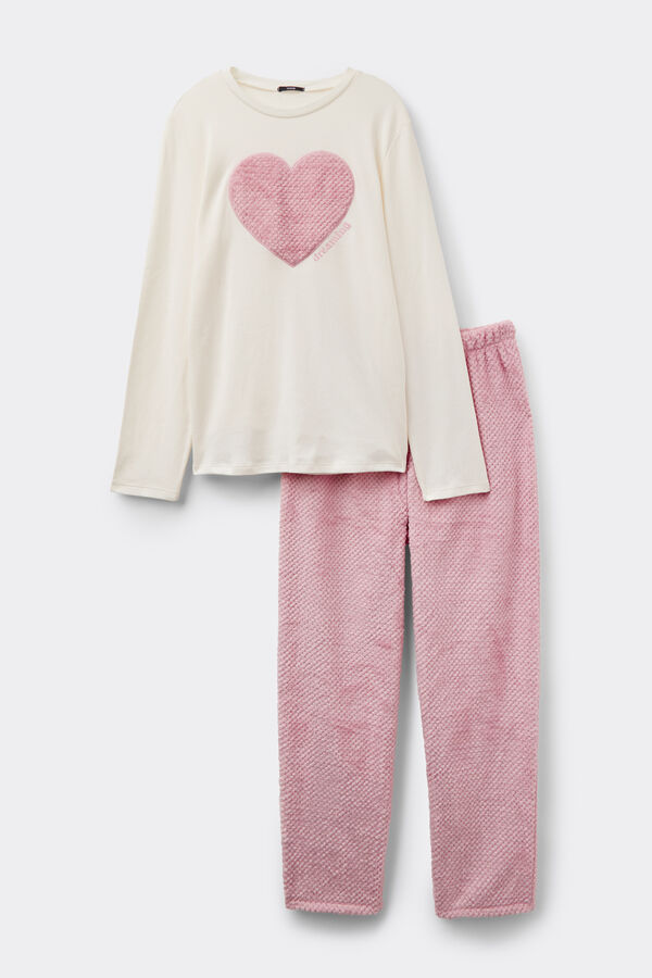 Pigiama Lungo Cotone e Pile Patch Cuore  
