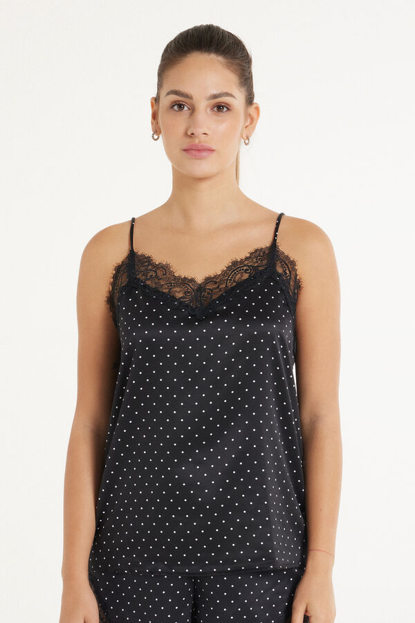 Printed Satin and Lace Camisole with Narrow Shoulder Straps  