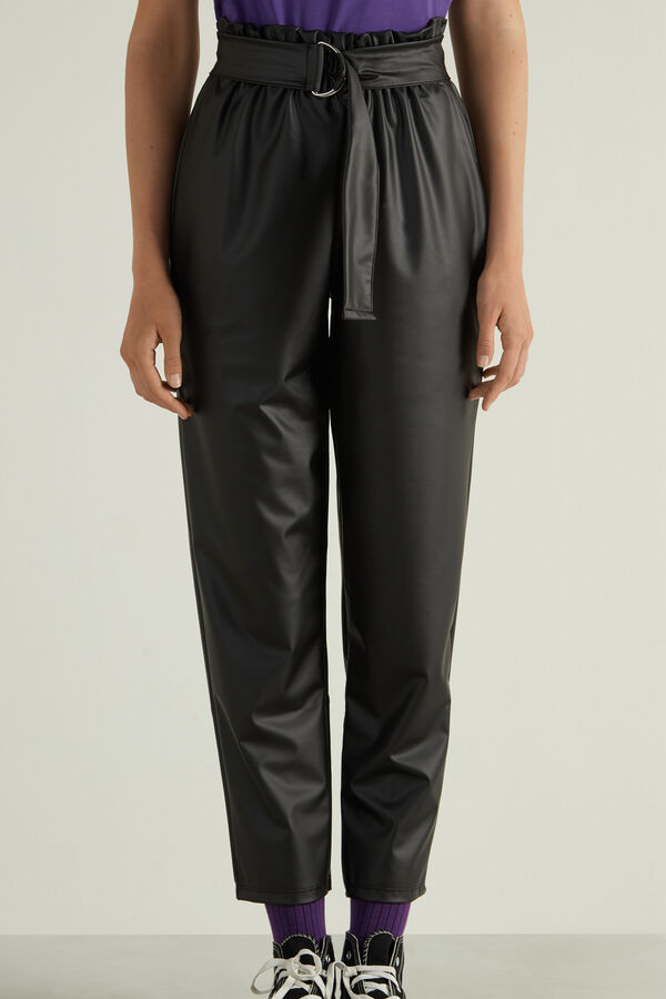 High-Waist Coated-Effect Joggers with Ring  