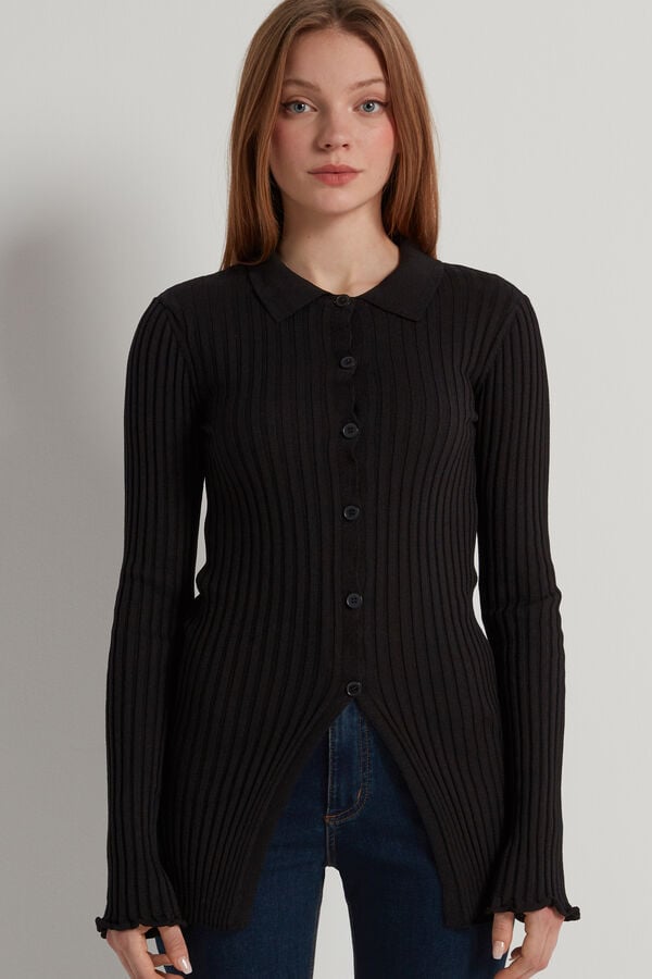 Micro Rib Cardigan Long Fully-Fashioned Rib Cardigan - | Tezenis