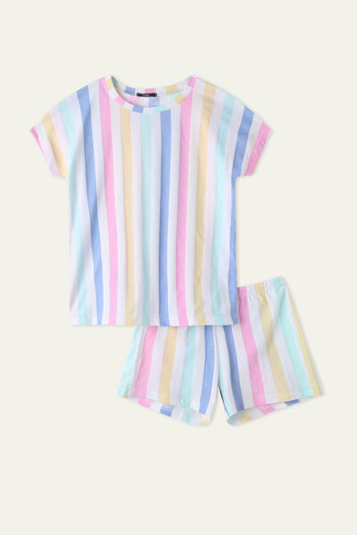 Girls’ Short Cotton Pyjamas with Multi-Coloured Stripe Print