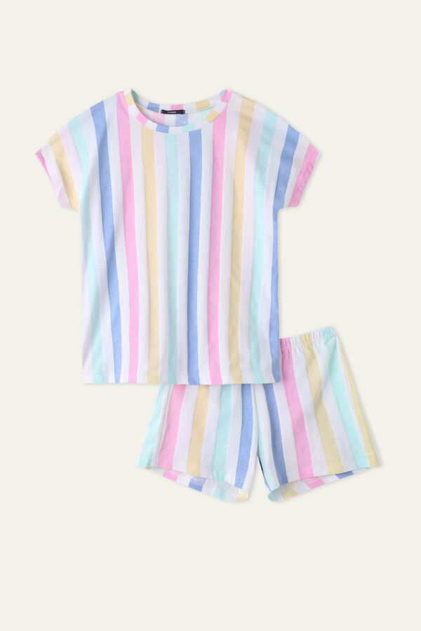 Krátké Dívčí Bavlněné Pyžamo s Pestrobarevným Pruhovaným Potiskem  