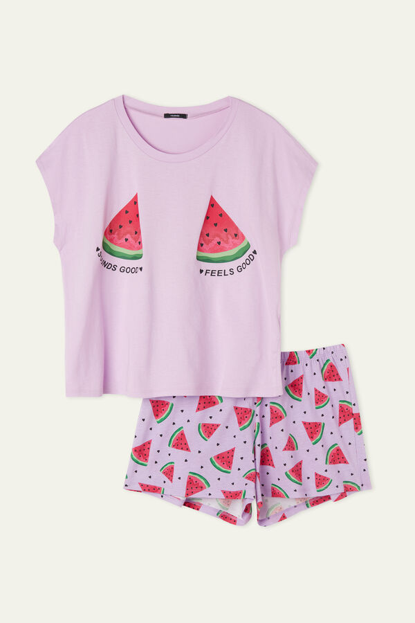 Short Sleeve Short Cotton Pyjamas with Watermelon Print  