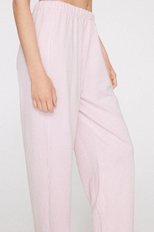 Pantalon Long en Coton &agrave; Rayures Crinkle  