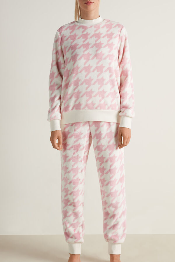 Langer Pyjama aus Fleece mit Hahnentrittmuster  