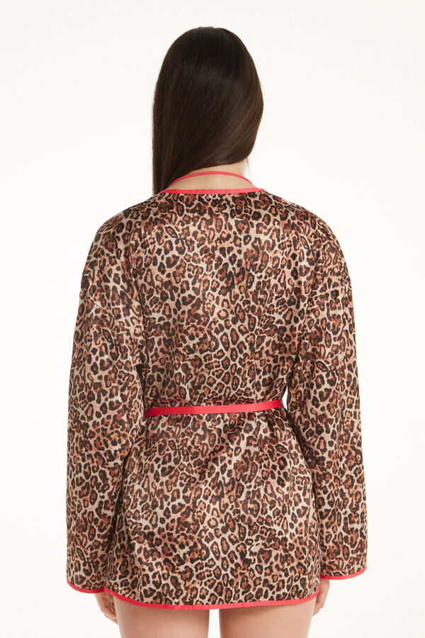 Strawberry Leopard Long-Sleeved Short Dressing Gown with Sash  