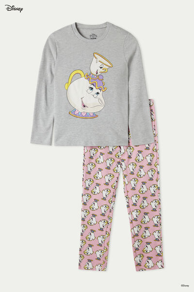 Girls’ Long Cotton Pyjamas with Disney Beauty Chip Mug Print
