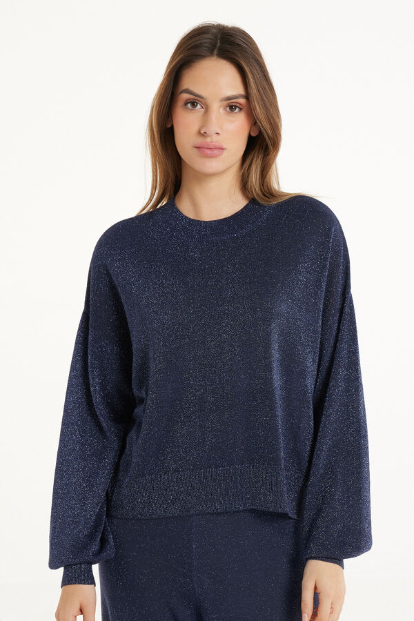Long Sleeve Dropped Shoulder Coated Fabric Crew Neck Sweater  