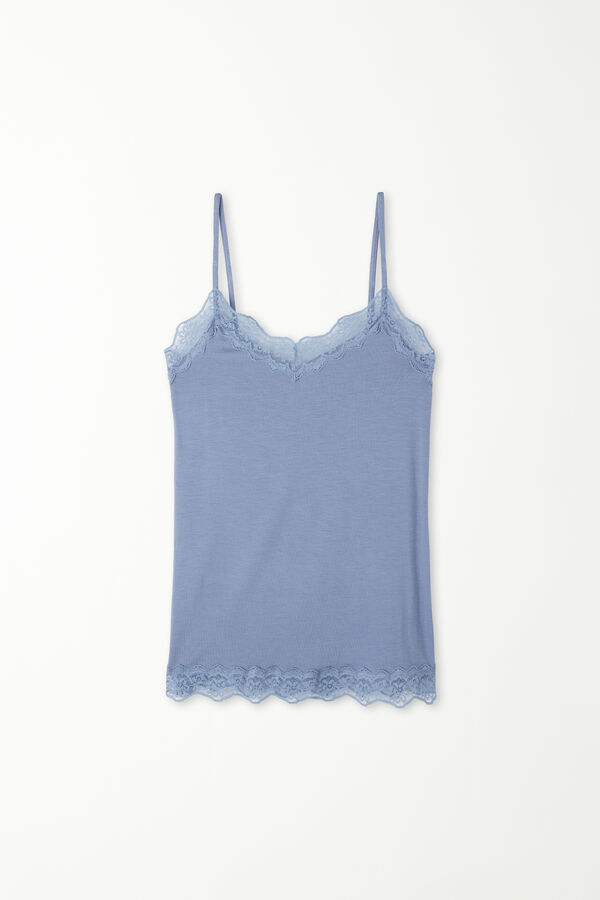 Viscose and Lace Camisole with Thin Shoulder Straps and V-Neck  