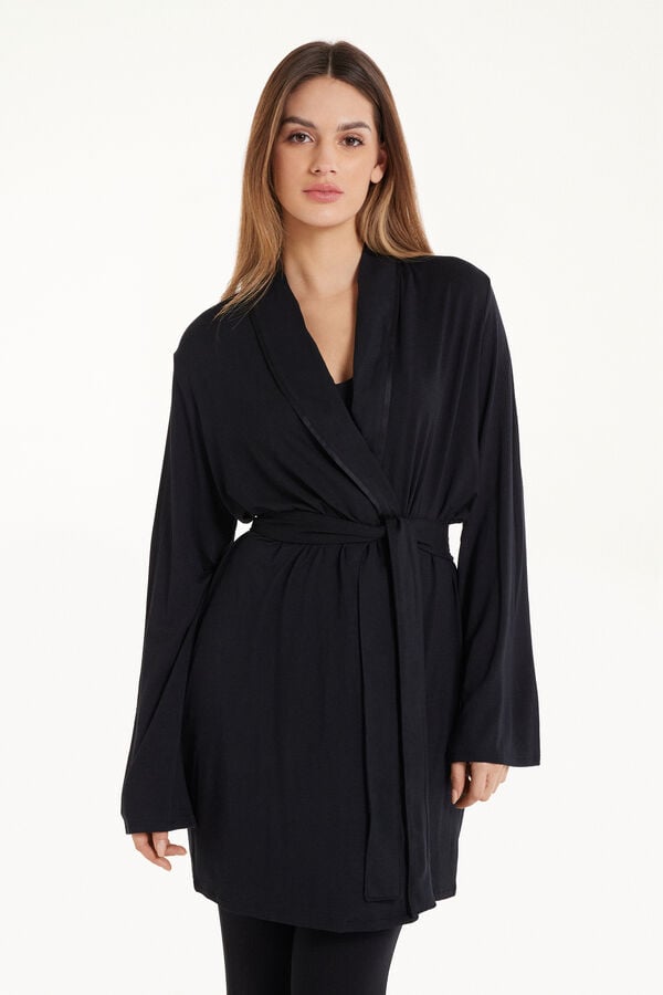 Long Sleeve Viscose Dressing Gown with Satin Trim  