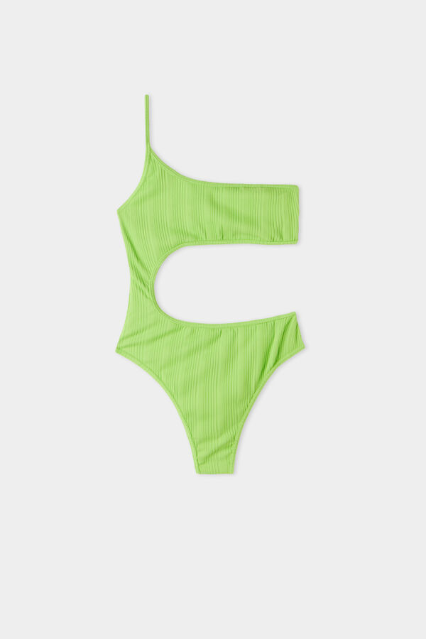 Green Ribbed Recycled Microfiber One-Shoulder One-Piece Swimsuit  
