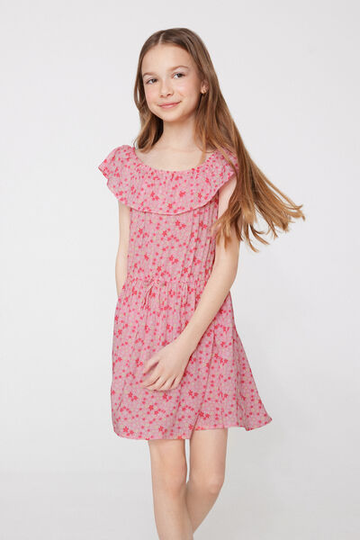 Viscose Canvas Dress with Ruffles
