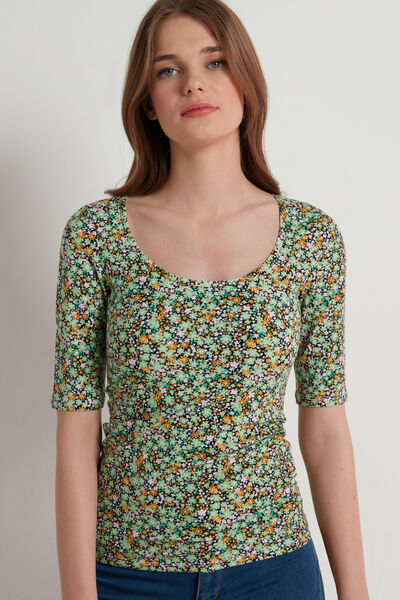 Wide Neck Short Sleeve Printed Cotton Top