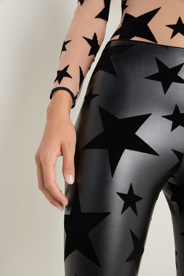 Coated-Effect, Flocked Thermal Leggings with Star Appliqué  