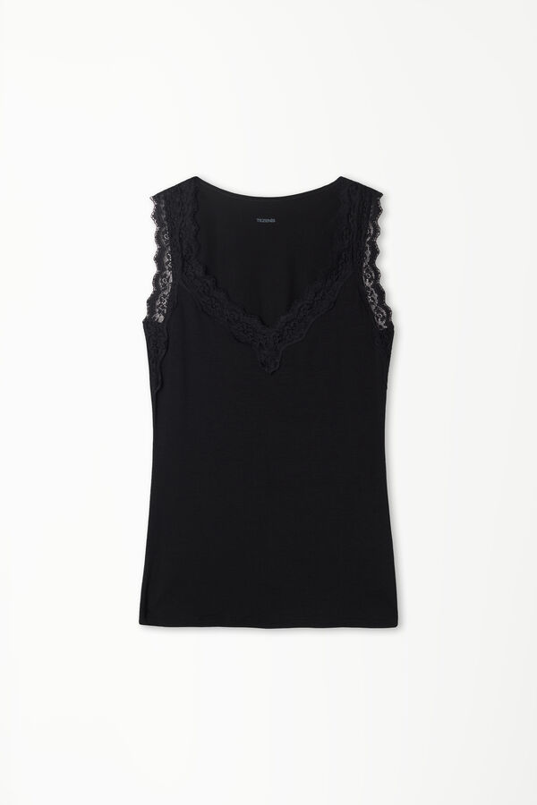 Wide Shoulder Strap Viscose Camisole with Lace V-Neck  