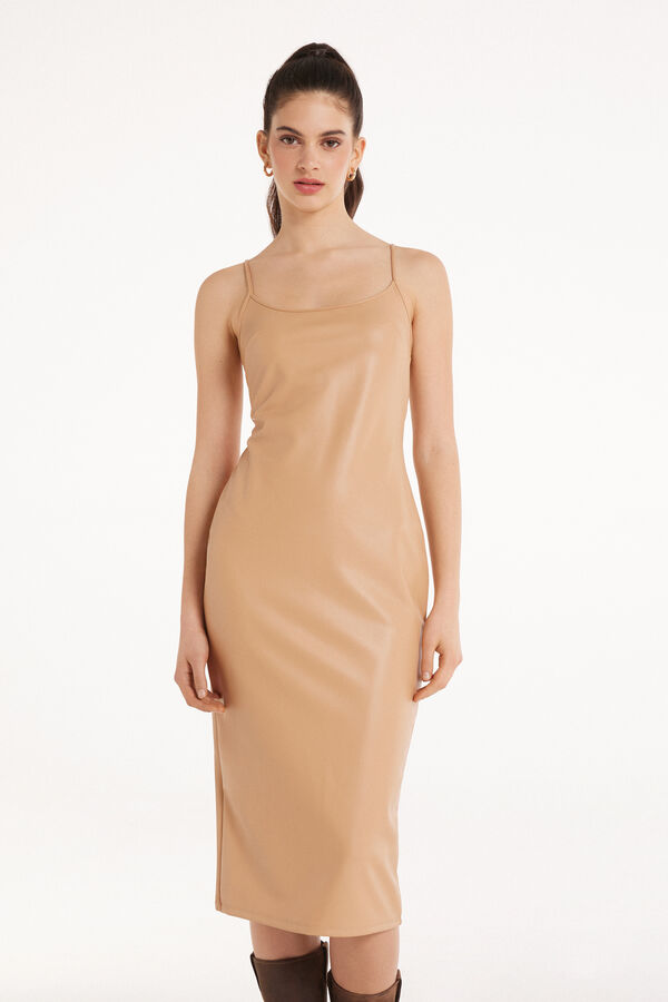 Coated-Effect Midi Dress with Thin Shoulder Straps  